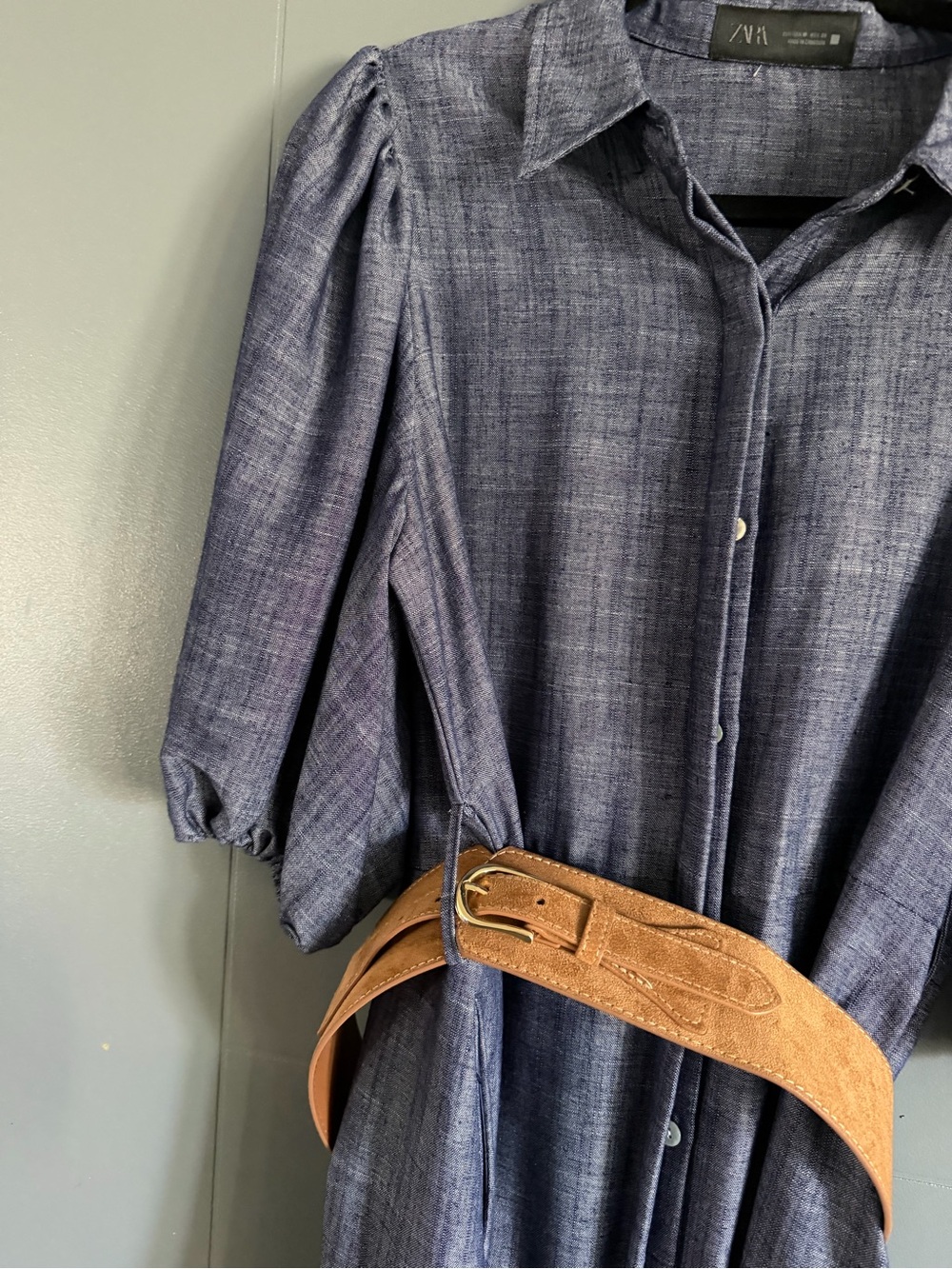 Zara Navy Button-Front Midi Dress with Tan Belt